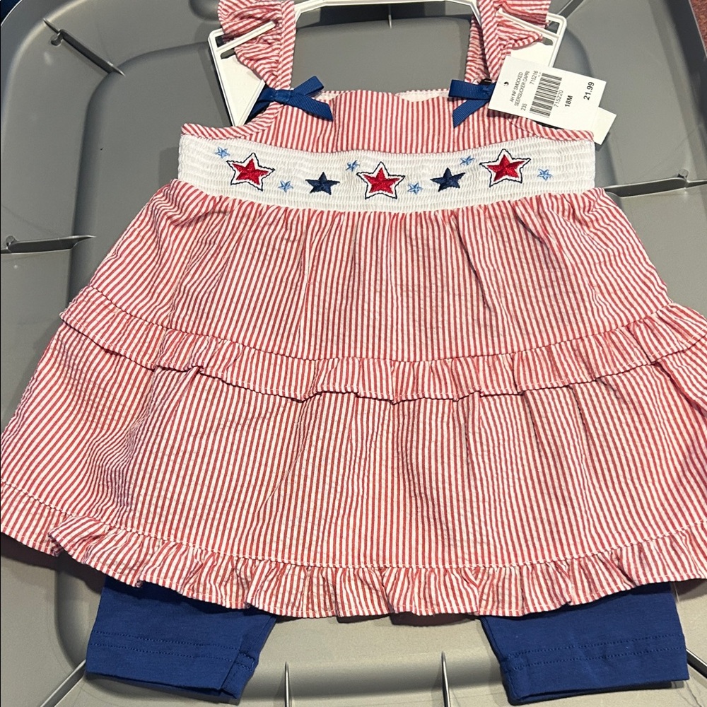 Girls 18 month new nwt two piece outfit set smocked seersucker 4th of July stars